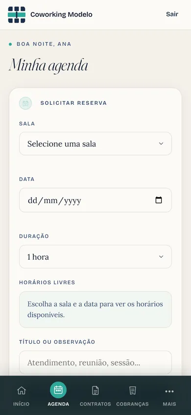 Portal do contratante no celular: pedido de reserva com sala, data, duração e horários livres